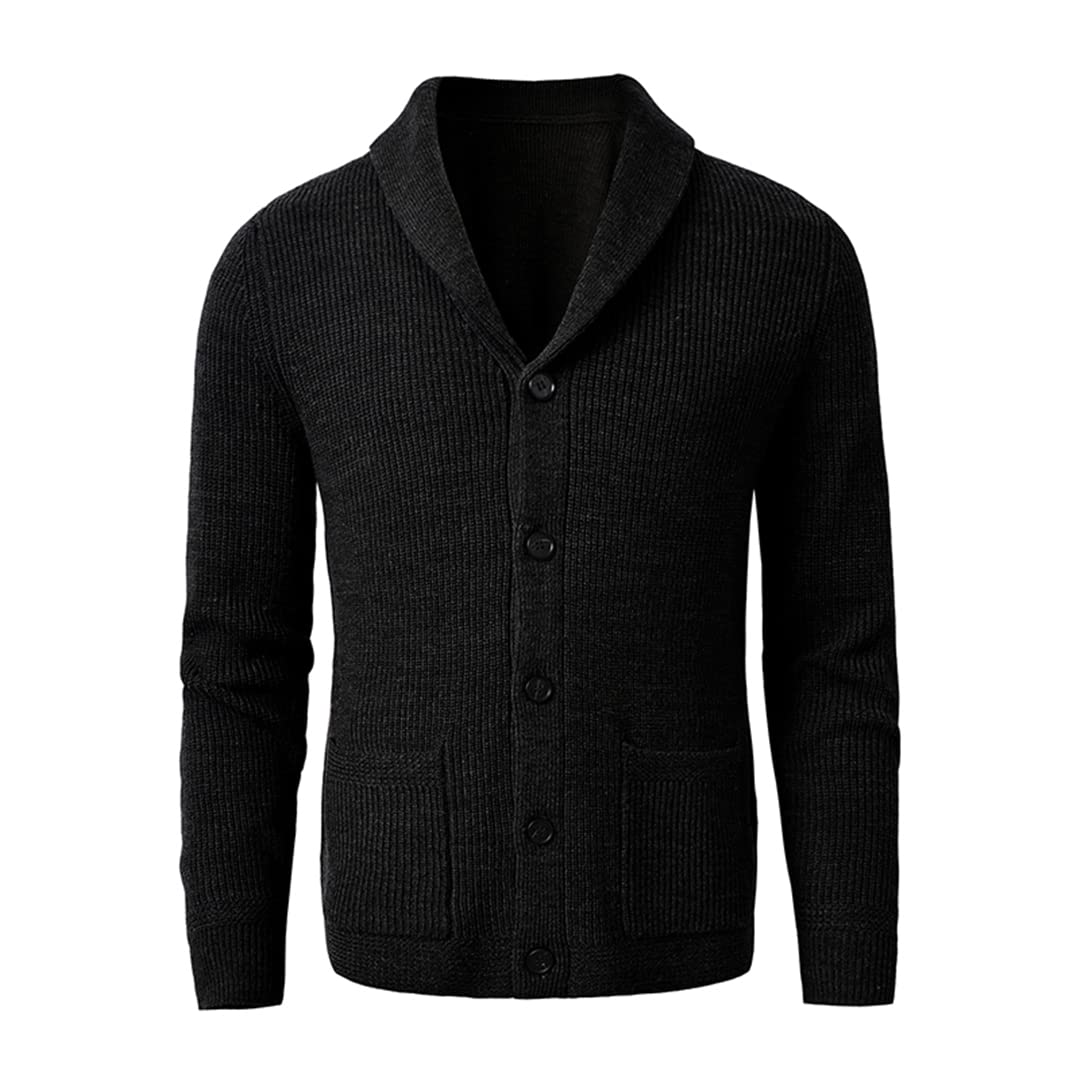 Zadaos Męski szal kołnierz kardigan sweter slim fit kabel dzianina guziki czarny sweter, Czarny, 3XL
