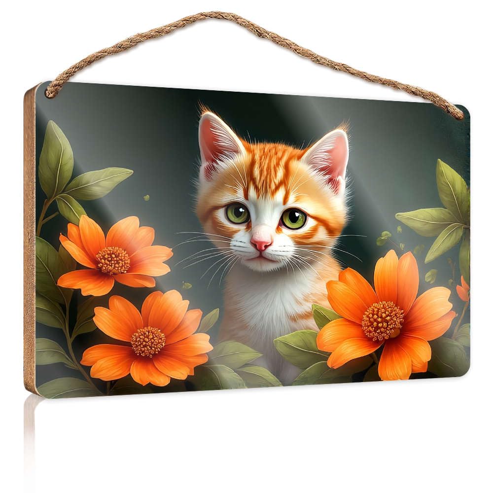 Hanging Door Sign Plaque A Cute Orange Kitten Surrounded By Vibrant Orange Flowers. Bar Signs For Home Decor Posters For Teens(15X28CM)