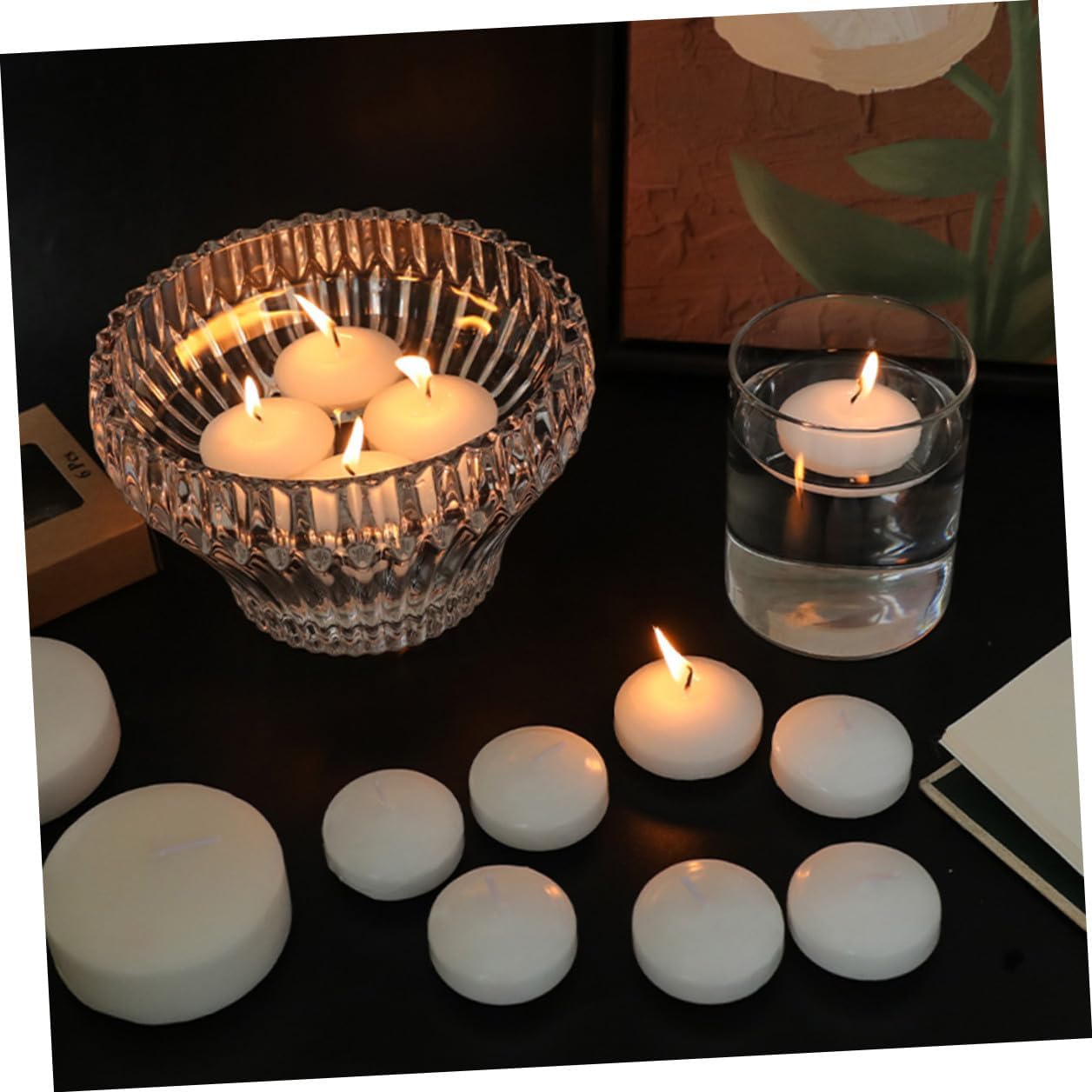 SOLUSTRE 6pcs Small Unscented Floating Tea Candles 4.5x2.5cm, Decorative Votive Candles for Wedding, Romantic Dinner, Party, and Hotel Use