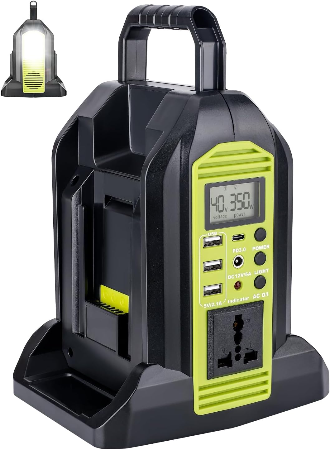 Product image of 350W Power Inverter for Ryobi 40v Battery, 2-Ports DC 40V to AC 110-120V Battery Inverter with 3 USB-A Port, 1 USB-C Port,300lm LED Light for Outdoors Camping Travel Hunting Emergency(Tool Only)