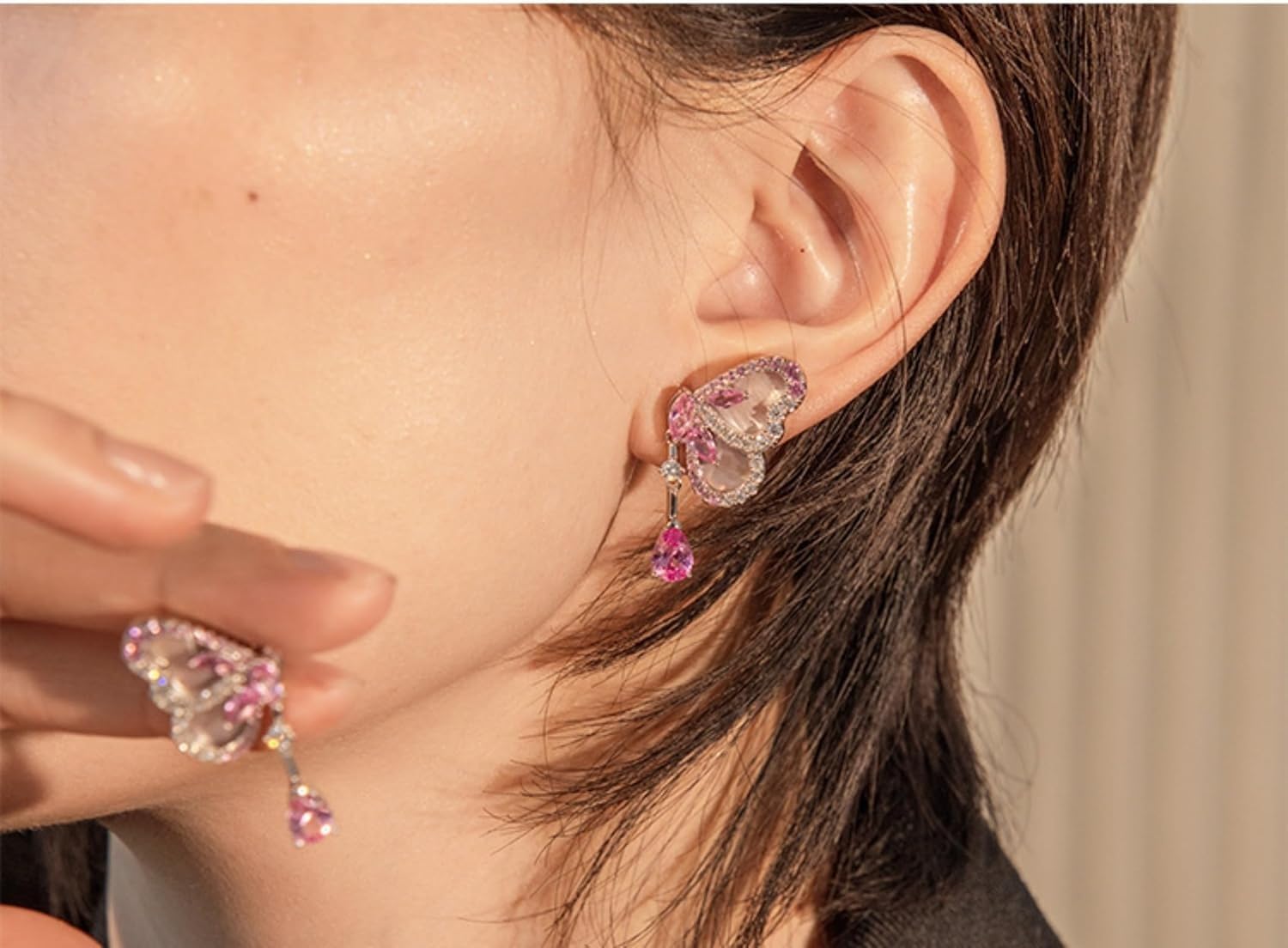 Elegantes aretes de plata de ley 925 con diseño de concha de mar rosa/circonita cúbica y rubí rosa para mujer, aretes colgantes delicados para novia y dama de honor