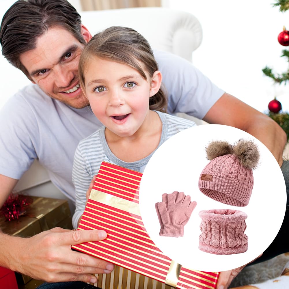 Set de Bufanda Gorro y Guantes, Conjunto de Bufanda Sombrero y Gorro Niño Invierno, Gorros con Pompon Lana NiñoBraga Cuello Polar y guantes de punto cálidos para niño 2-6 Años