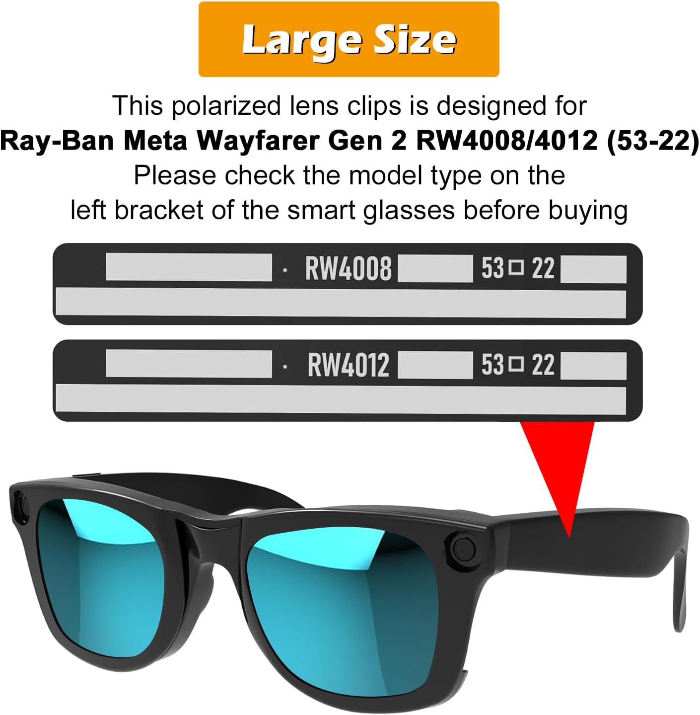 2Pcs Polarized Clip for Ray-Ban Meta Wayfarer & Gen 2 (RW4008/RW4012, L Size, 53-22), Discoloration Clip for Meta Wayfarer Gen 2 UV Protection, Smart Glasses Polarized Lens Set (Black Gray+Green)