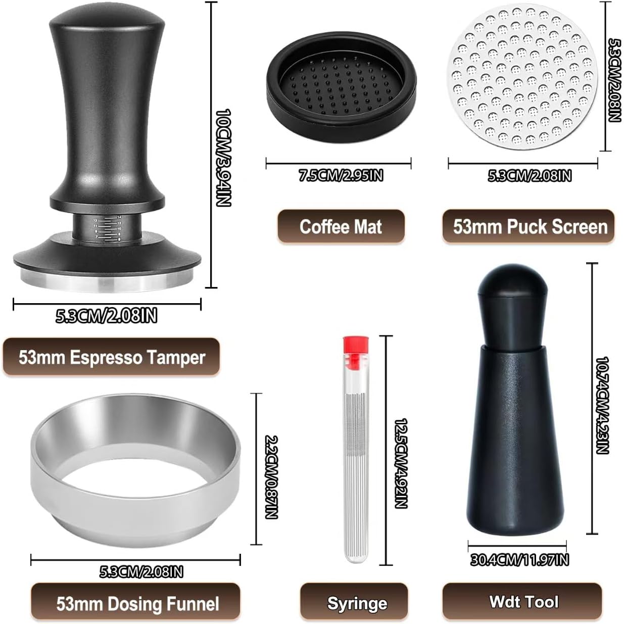 53mm Espresso Accessories Kit, Spring Loaded Calibrated Tamper, WDT Tool, Puck Screen and Dosing Funnel Set Fits Delonghi 53 mm Espresso Coffee Machines and Portafilter, Professional Barista Tools