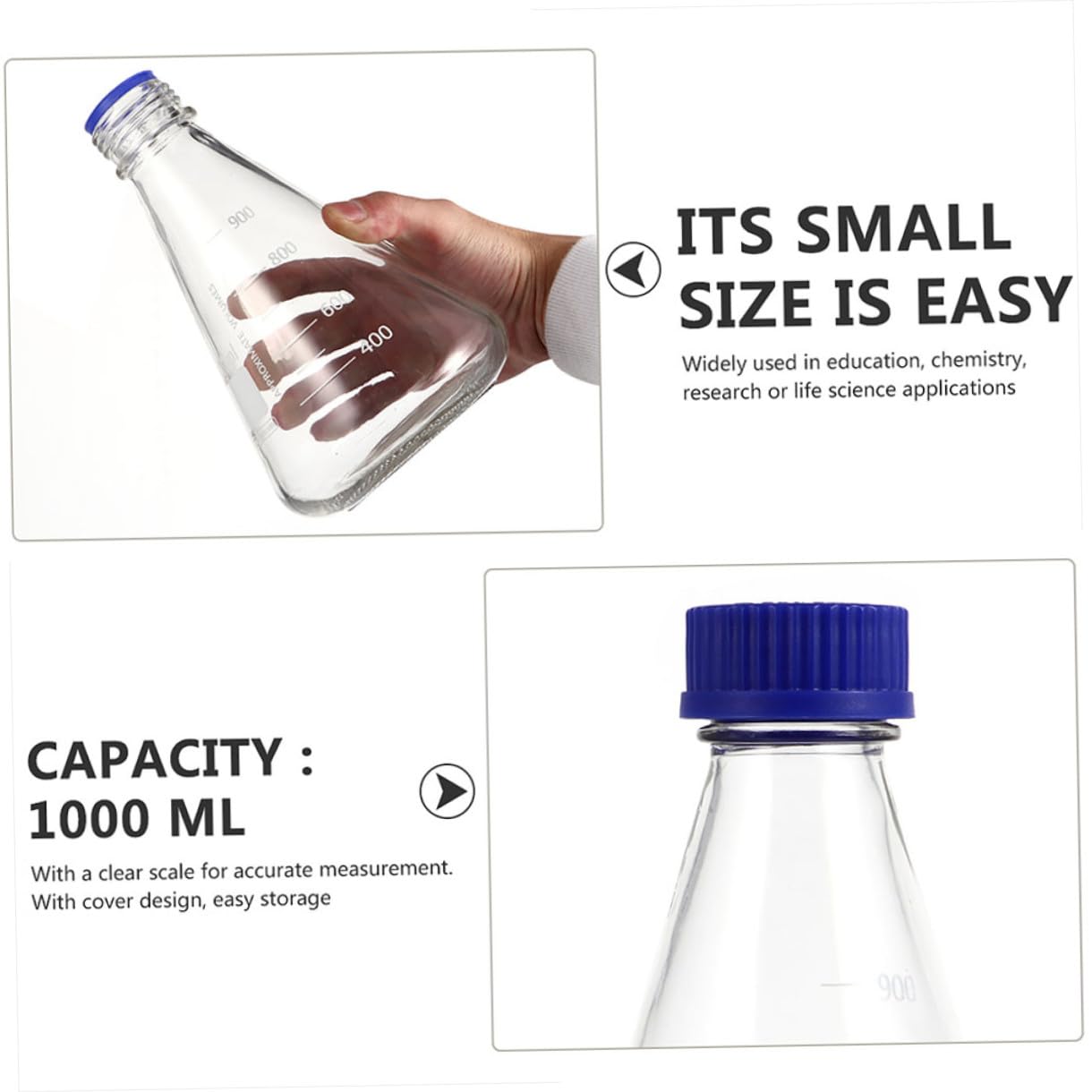 Set 2 Bottiglie Coniche in Vetro per Reagenti 1000Ml Tappo a Vite Blu Bottiglie Coniche per Esperimenti di Laboratorio Forniture per Studenti per Lezioni di Chimica