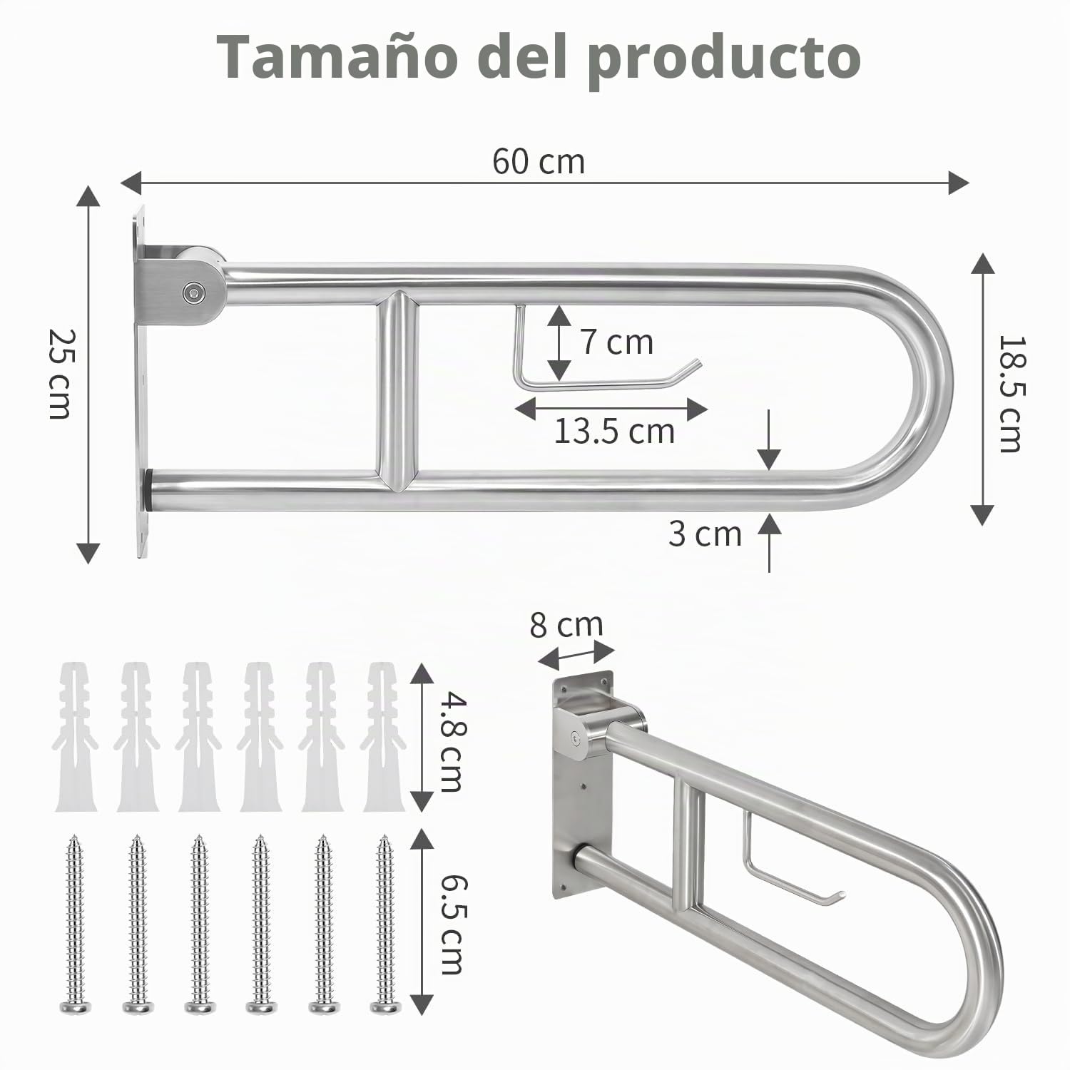 Barra Baño Minusválido 60cm con Portarrollos, Agarrador Ducha | Asidero Baño Personas Mayores, Acero Inoxidable, Soporta Hasta 350kg para Ducha y WC