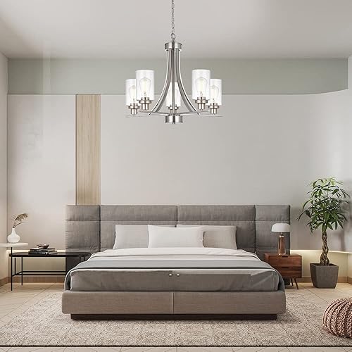 Miniatura 9 de BONLICHT Lámpara de araña tradicional de 5 luces de níquel cepillado para isla de cocina, comedor, lámpara colgante de vidrio semillado, lámpara de