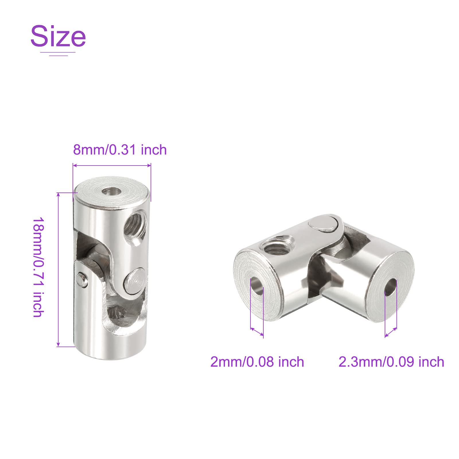 DMiotech 2 Pack 2mm to 2.3mm Inner Dia Rotatable Universal Steering Shaft U Joint Coupler L18 x D8 Coupler Connector W Screw for 3D Printer Silver Tone - Image 3