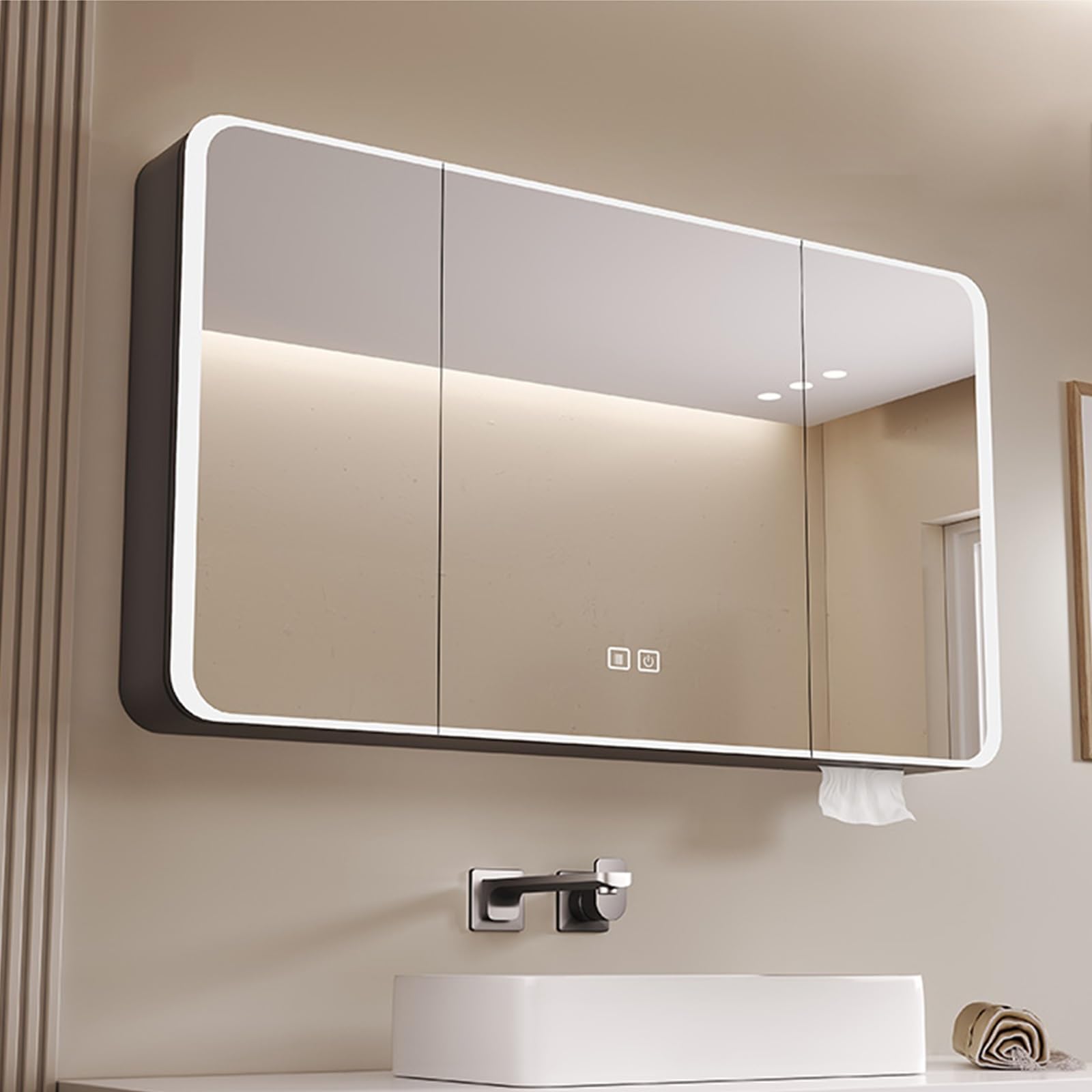 BKSXSOP 90cm Gray Smart Medicine Cabinet with LED Lighting and Anti-Fog Mirror - Elegant Bathroom Storage Solution for Beauty Essentials