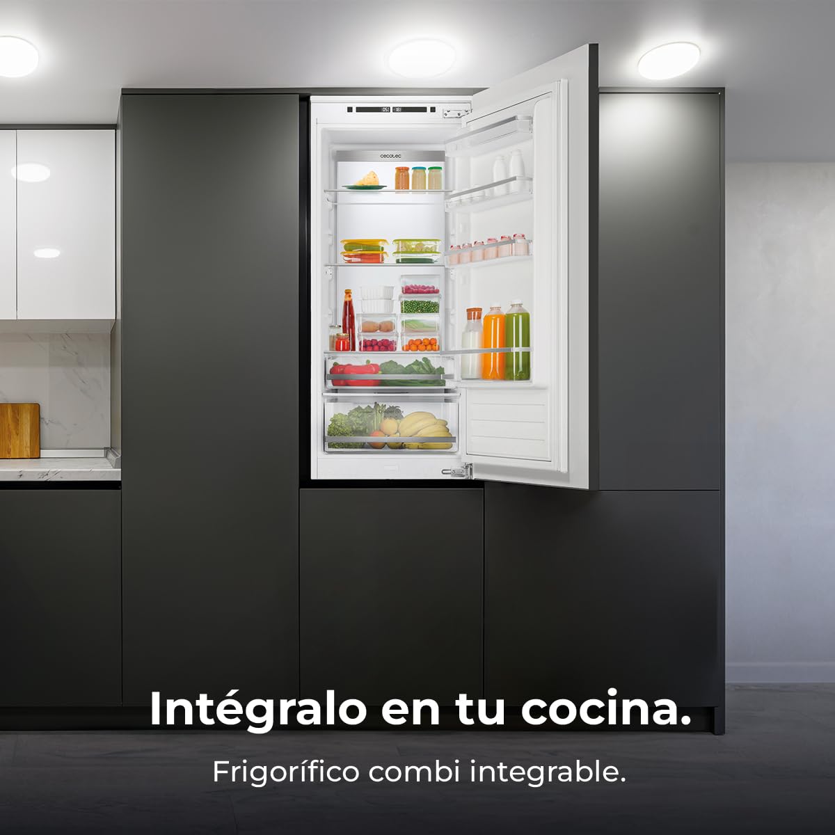 Cecotec Lodówka kombi do zabudowy, na stałe drzwi, 267 l, Bolero CoolMarket Combi BI-D FLW 267 E, wysokość 193,7 cm i szerokość 54 cm, Total No Frost, kompresor inwerterowy i ściana Full LED, niskie
