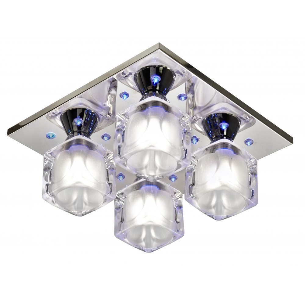 Searchlight 3784-4CC Cool Ice Polished Chrome 4 Lamp Square Flush Light with Frosted Glass Cubes & LEDs
