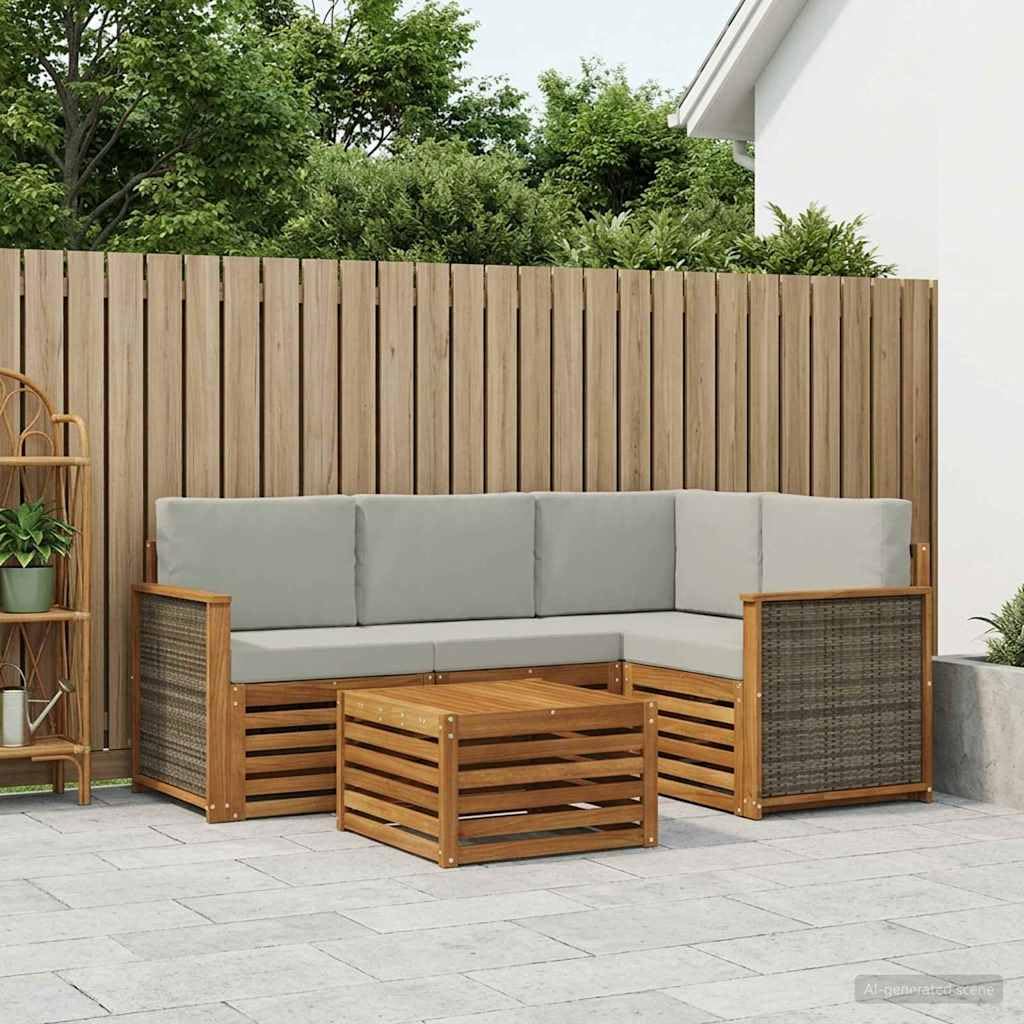 Conjunto Mueble sofá Exterior Modular de Madera Maciza de Acacia 5 Piezas con Cojines Gris Claro para jardín terraza y Patio con diseño listonado y Respaldo cómodo