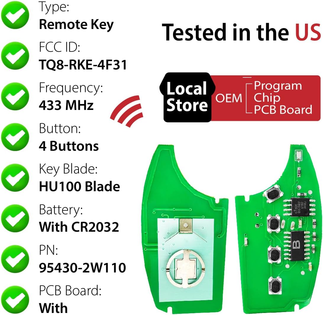 Replacement for 2015 2016 2017 2018 2019 Hyundai Santa Fe Key Fob Remote Control TQ8-RKE-4F31 4 Buttons 433MHz