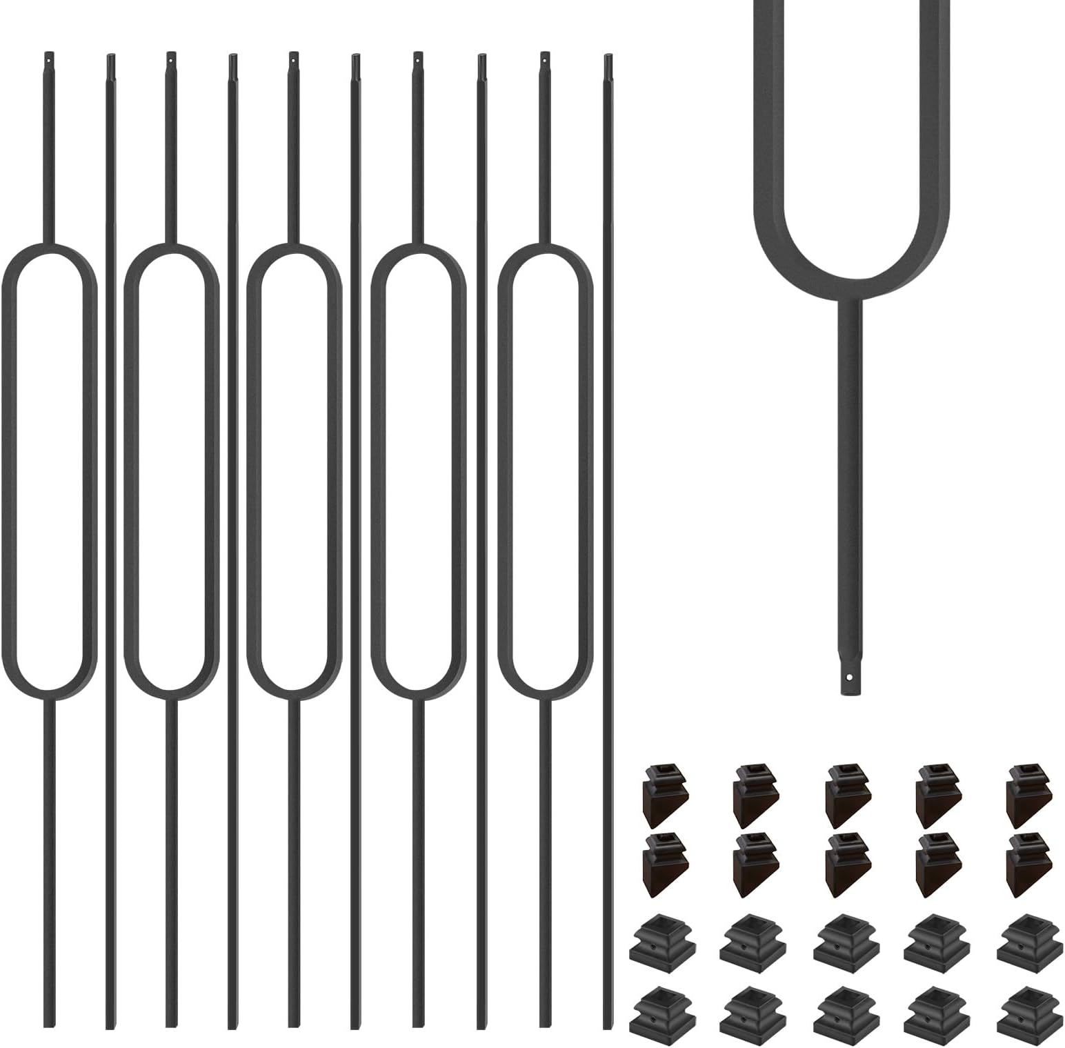 1/2 Inch Wrought Iron Oval Balusters - Hollow Iron Square Plain Bar Stair Balusters - Metal Spindles for Indoor Staircase with Baluster Shoes, Satin Black (10 Pack)