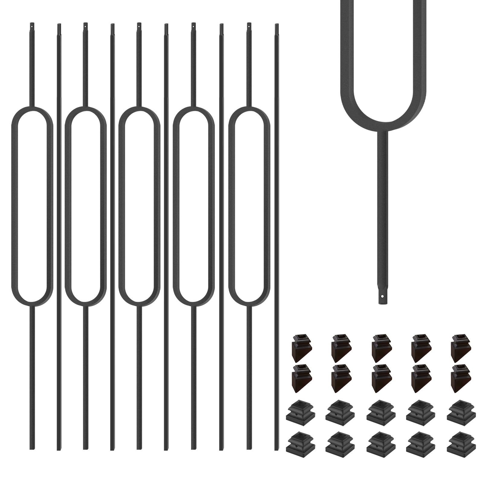 Photo 1 of 1/2 Inch Wrought Iron Oval Balusters - Hollow Iron Square Plain Bar Stair Balusters - Metal Spindles for Indoor Staircase with Baluster Shoes, Satin Black (10 Pack)