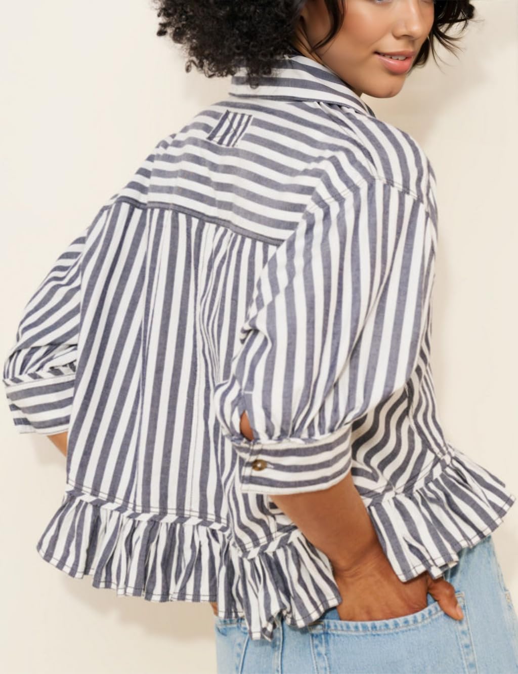 InterNos Womens Striped 3/4 Sleeve Blouse Loose V Neck Button Down Ruffled Hem Vertical Shirt Top with Pocket - Image 6