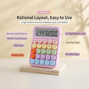 Mechanical Calculator, Pink 12 Digit Large LCD Display Big Round Button Calculator, Typewriter-Inspired Mechanical Key Calculators for Office, School, Business (Pink Purple)