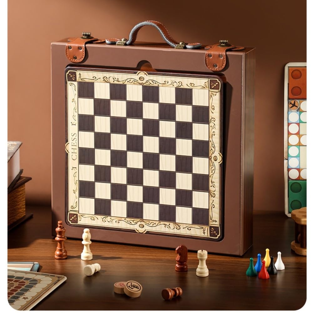 Klasyczny drewniany zestaw gier planszowych 12 w 1: szachy, warcaby, backgammon i inne, przenośna szachownica premium kolekcja multiplay