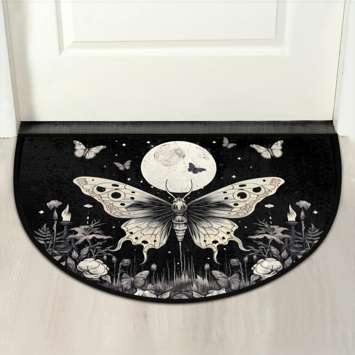Retro Gothic Butterfly Half Round Door Mat Indoor Entrance, Moon Flower Non Slip Absorbent Doormats 24 x 36 inch Semi Circle Door Floor Mats Area Rugs for Home Kitchen Patio