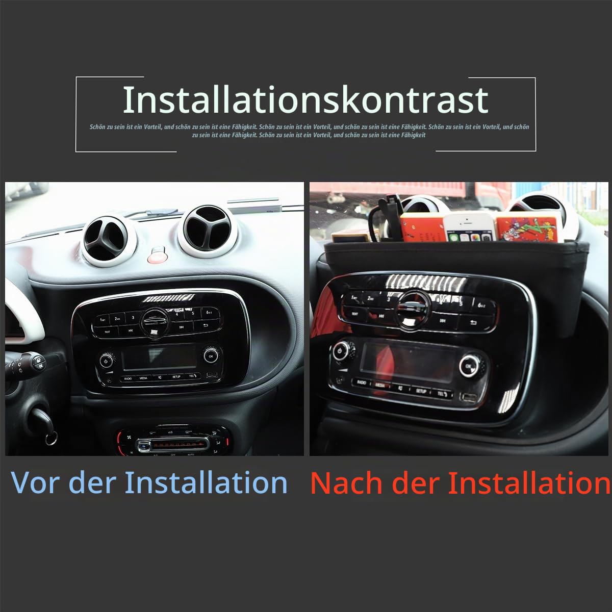 Mittelkonsolen-Aufbewahrungsbox für Smart 453 Fortwo/Forfour 2015-2021 Organizer-Tasche Oxford-Stoff Konsolen-Zubehör Aufbewahrung für Handys Schlüssel Karten Münzen