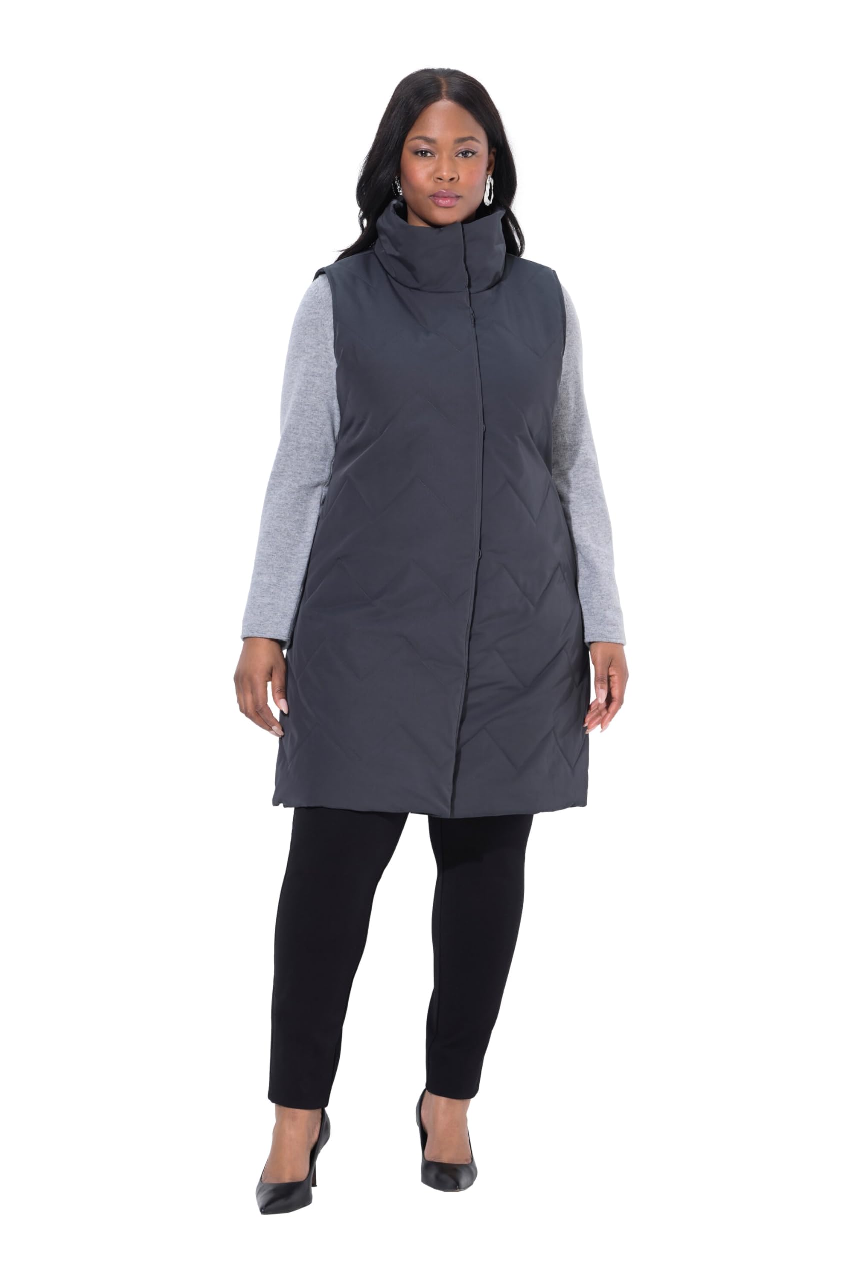 Ulla Popken Damen große Größen Übergrößen Plus Size Long-Steppweste, A-Linie, Stehkragen, Seiten-Druckknöpfe 843030