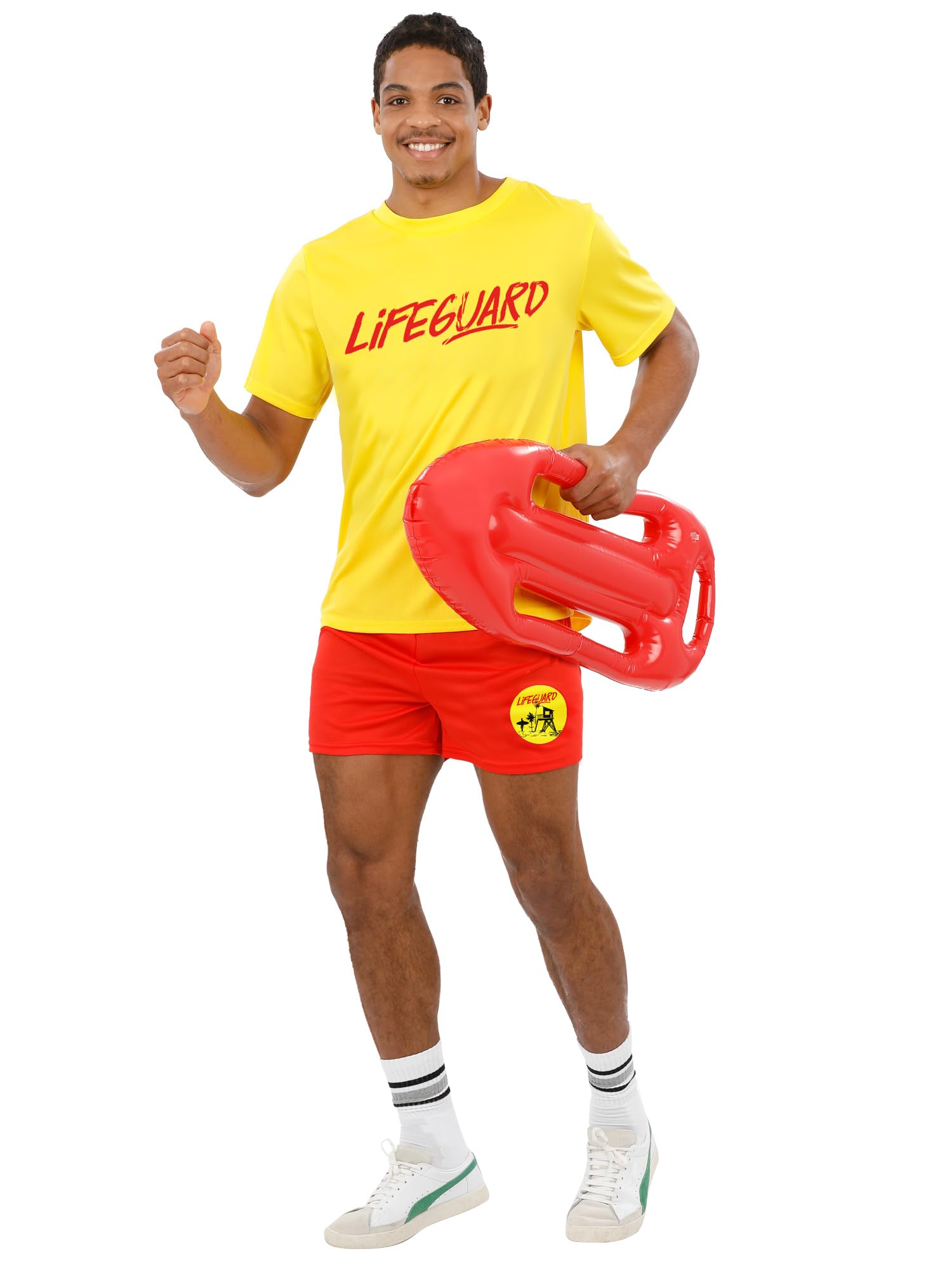 Smiffys Men's Lifeguard Costume – Fancy Dress Outfit with Yellow T-Shirt & Red Shorts – 90s Beach Party & TV Theme - XX Large