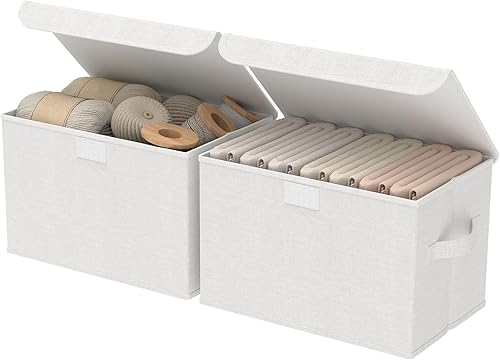 XSNY12WS-2 - Contenedor de almacenamiento de tela con tapa, cajas de armario con tapa, cesta organizadora plegable apilable con 2 asas, para el