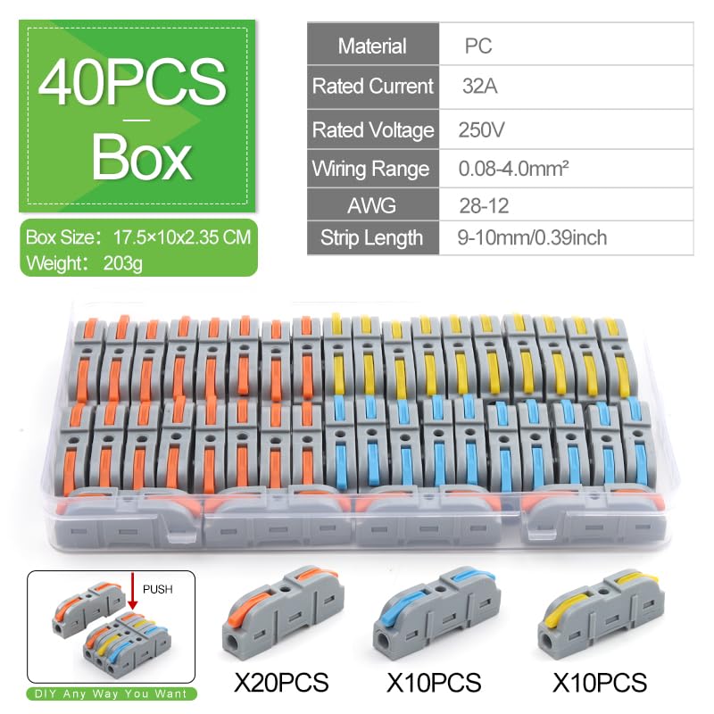 40PCS 1 in 1 Out Quick Wire Connector Butt Home Junction Box Spliceable Lever Cable Connectors Compact Push-in Terminal Block(Boxed NC-221 Color)