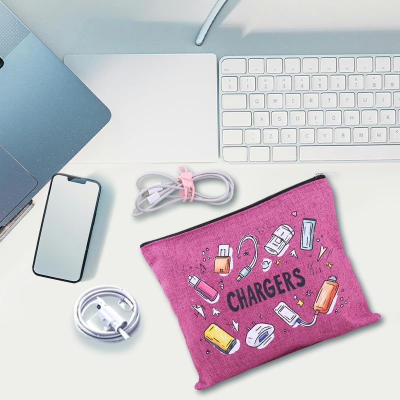 Chargers Bag Organizers for Charging Cord Makeup Bags Pouch for Family Friends Christmas Birthday Gifts for Women Men Pink Charger Travel Cosmetic Bag for Plugs Cables Pouches with Silicone Cable Tie - Image 3