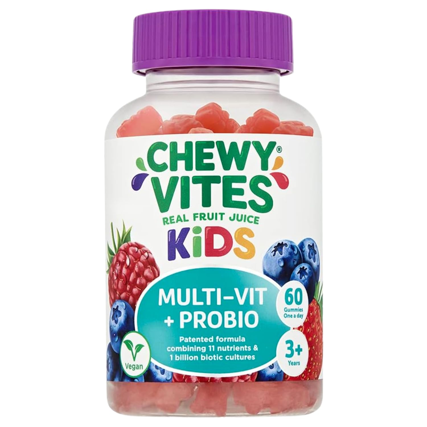 Chewy Vites Kids Multi-Vit + Probio, 60 Kids Vitamins Gummies, 11 Essential Nutrients, Probiotics for Children, 2 Months Supply, Real Fruit Juice, Vegan, Age 3 +, Blueberry and Raspberry Flavour