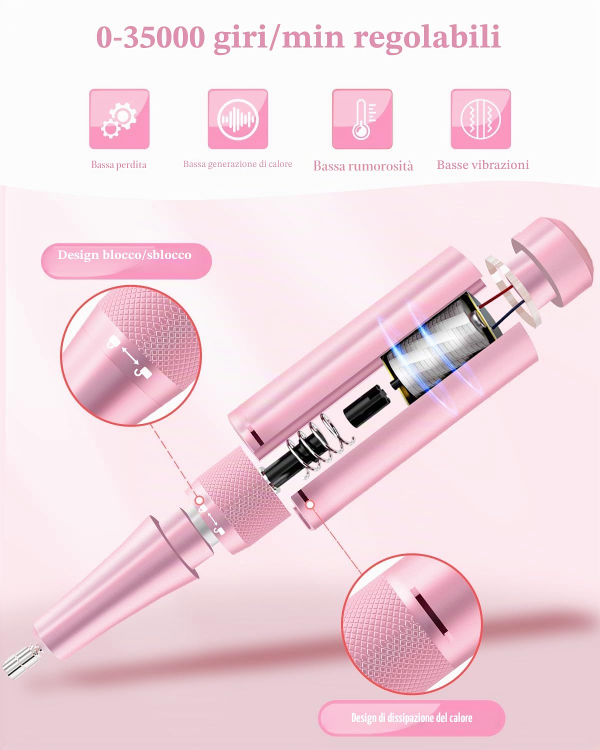 Fresa per Unghie Professionale 35000 Giri/min, Lima Elettrica Ricaricabile per Unghie Gel e Acrilico, Kit Manicure Pedicure Portatile Senza Fili con 7 Punte e 56 Nastri Abrasivi, Blu Rosa