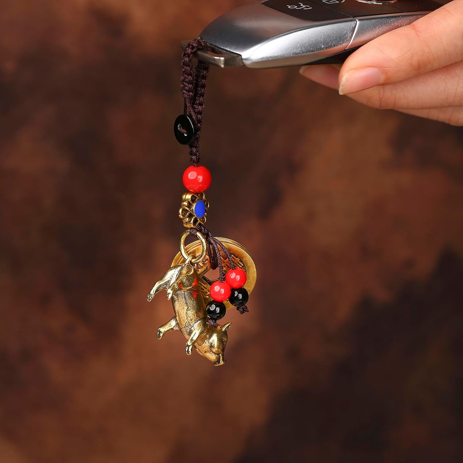 Brass Chinese Zodiac Pig Statue Keychain with 5 Feng Shui Coins, Animal Piggy Bag Charm Lucky Key Ring image 5