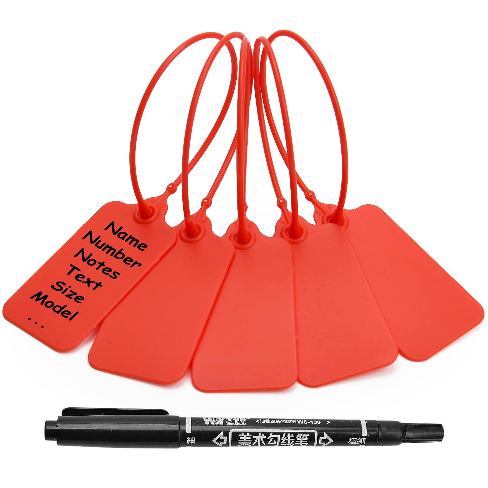 50 Red Blank Plastic Tags for Labeling Waterproof Hanging Labels Writable Tags Seal Plastic Marking Label for Clothes Bags Keys Inventory with One Marker Pen