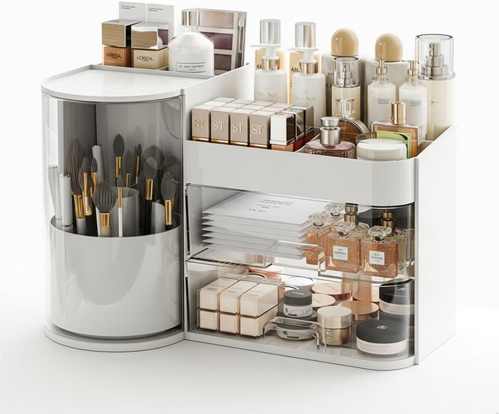 Makeup Organizer with Rotating ,Large Bathroom Countertop Cosmetic Organizer with Brushes Holder,Skincare Storage Organizer,Ideal makeup holder for Skincare,Lipstick and other items (cream white)