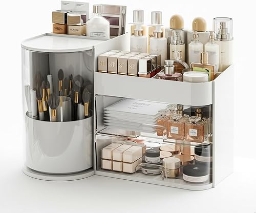 White Rotating Makeup Brush and Cosmetic Organizer