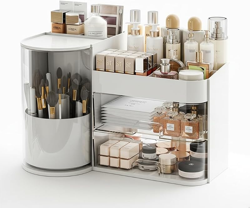 Organizador de maquiagem Cozinessy com rotação, suporte para pincéis, 2 gavetas e 4 compartimentos, branco simples