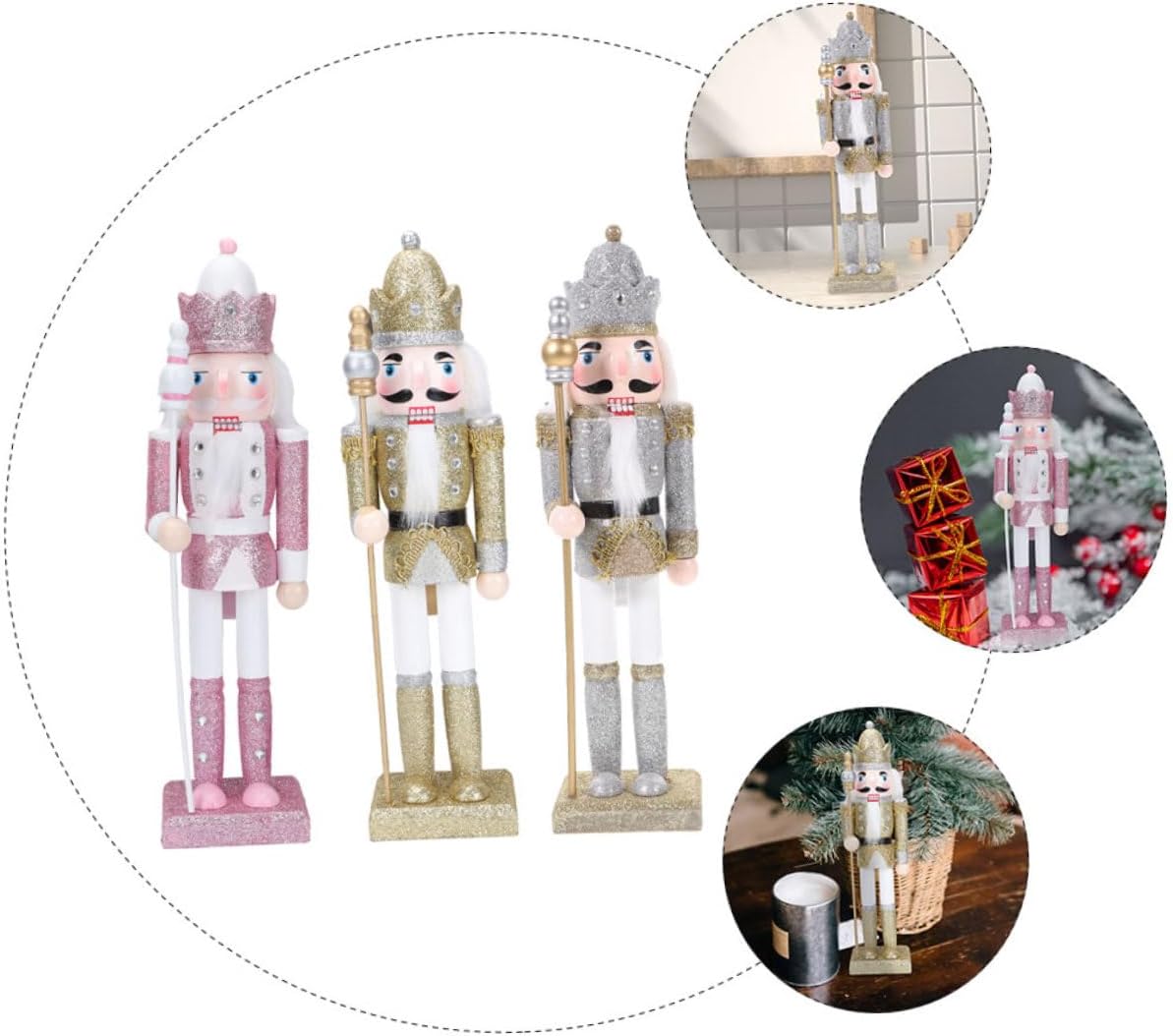 Luxshiny 3pcs Wooden Nutcracker Soldier Figures Set, Glitter Silver Gold Pink, Small Christmas Nutcracker Decorations for Indoor Holiday and Xmas Party Ornaments