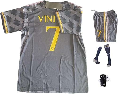 #5 Kit de camiseta de fútbol para niños, conjunto de calcetines cortos, talla juvenil, Vini JR #7, uniforme para adultos, conjunto de 4 piezas