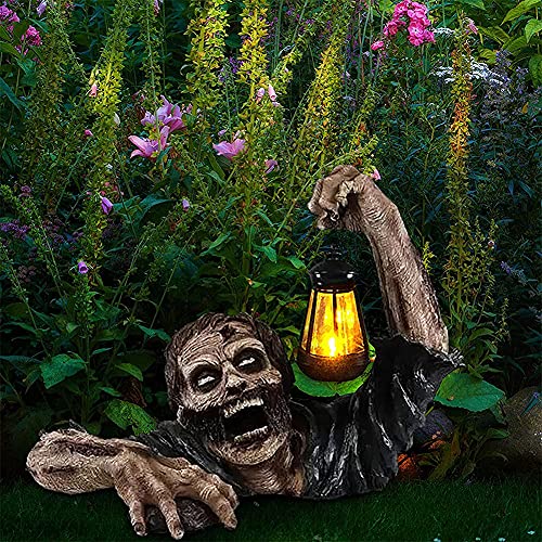JSBVM Résine Horreur Zombie Statue, Décoration d'halloween Portant Une Statue de Lampe avec des Lumières LED Utilisez Trois Petites Piles AG3 pour Les Allées, Les Jardins et Le Chalet