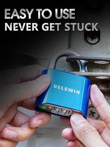 Miniatura 5 de DELSWIN Candado de combinación de 4 dígitos para exteriores, cerradura de casillero resistente con grillete de acero endurecido, cerradura combinada