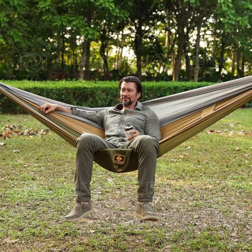 Image of Camping Hammock with Mosquito Net,Lightweight 210T Nylon Hammocks,Portable Hammock with 10ft Tree Straps,Camping Gear Must Haves for Travel Hiking Backpacking Beach Patio-Green&Khaki