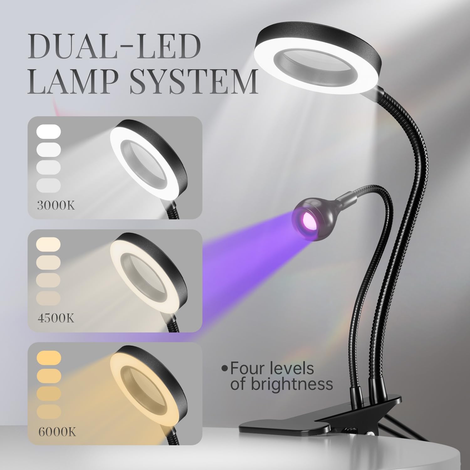 krofaue Dual Head UV Nail Lamp with 6X Magnifier, UV LED Flash Curing Light for Gel Polish, 3 Color Temps & Desk Clip for Home and Salon DIY