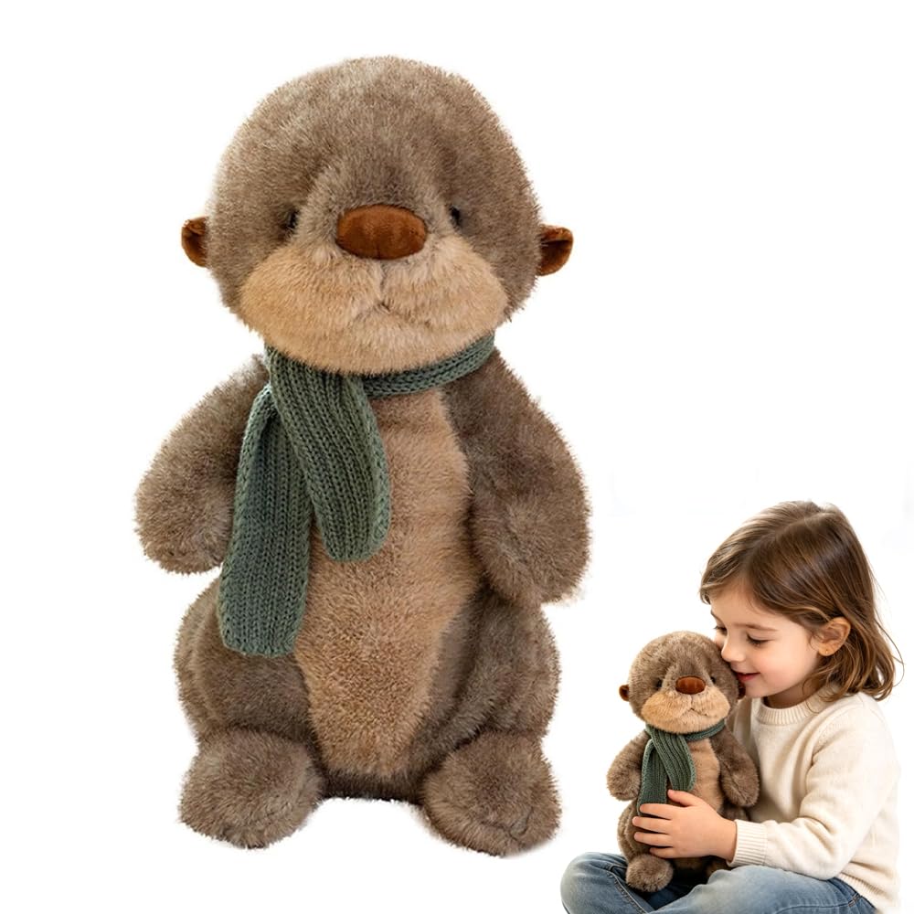 Peldris Otter Plush Toy, 26 cm Otter Plush Doll with Knitted Scarf, Fluffy Stuffed Animal Plushie for Hugging and Playing, Cute Cuddly Companion for Children & Adults