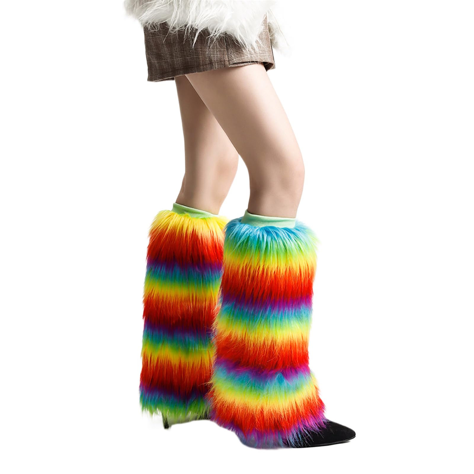 oringnat Women Vintage Rainbow Colorful Plush Leg Warmer Fuzzy Thickened Boot Toppers Cuff Furry Leg Cover Long Socks Partywear