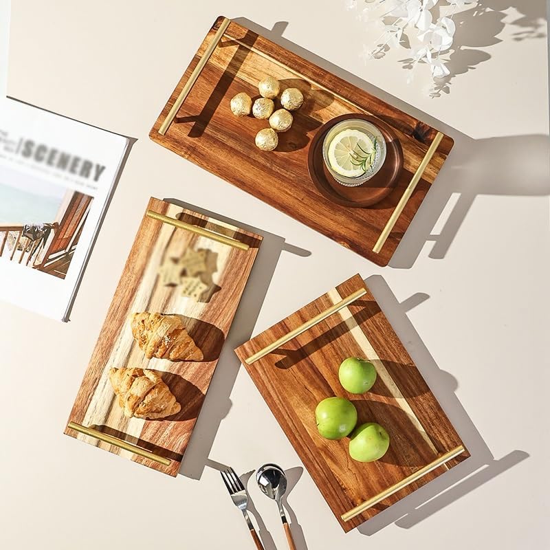 Serving Trays Japanese Acacia Wood Tray Solid Wood Breakfast Tray with Handle Afternoon Tea Snack Tray Retro Dessert Tray Breakfast Tray,B-Medium