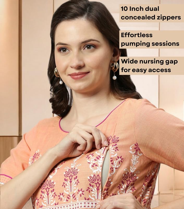 Image of DUMMY SHAPE Feeding Kurtis for Women Cotton Blend | Printed Pregnancy Flare Kurta with Dual Nursing Zippers to Pre & Post Partum | Maternity Dresses | Gifts for Pregnant Woman