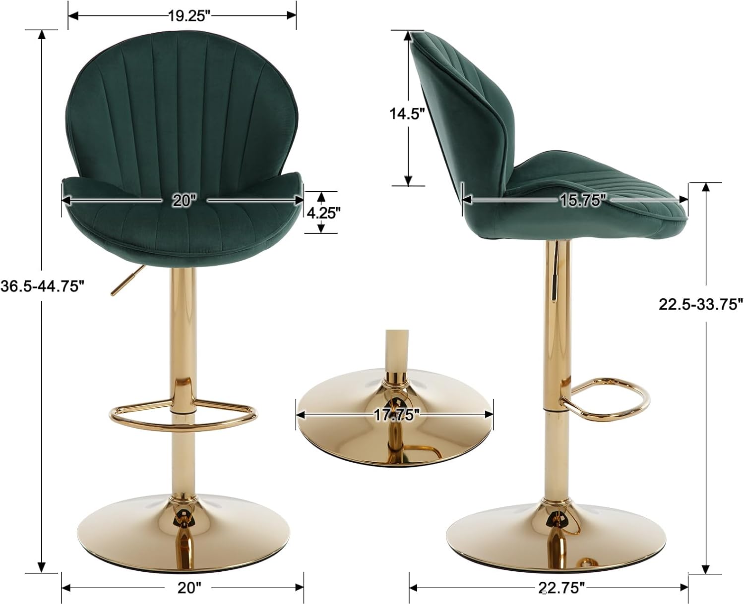 EALSON Velvet Swivel Bar Stools Set of 2 Modern Counter Height Barstools with Back and Gold Base Adjustable Bar Chairs Comfortable Upholstered Kitchen Island Stools for Home Bar/Pub, Green