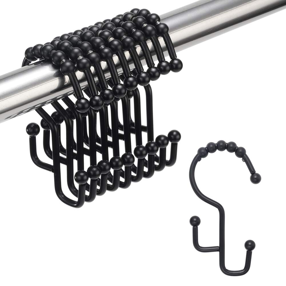 Amazer Shower Curtain Hooks with Double Different Heights, Stainless Steel Rust-Resistant Easily-Glide Black Shower Hooks for Bathroom Shower Rods Curtains, Black, Set of 12 Hooks