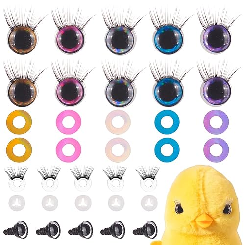 PH PandaHall 20 juegos de ojos de seguridad con pestañas, 5 colores, ojos de animales de peluche, ojos de ganchillo artesanales con arandelas, ojos