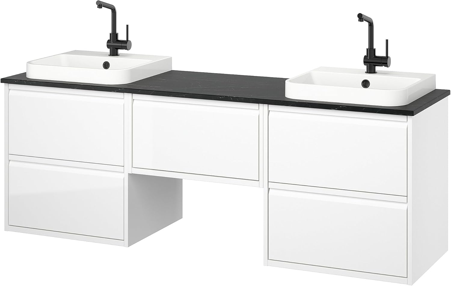 BACKSJÖN/ÄNGSJÖN Wash-stand/wash-basins/taps, high-gloss white/black marble effect, 182x49x71 cm